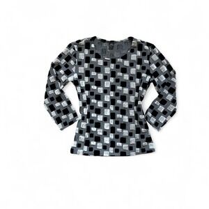 VTG Y2k 3D checkered design grey white black longsleeve top grunge small‎